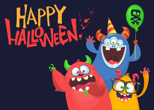 Сartoon monsters characters. Illustration of happy scary smiling alien creatures for Halloween party. Package, poster or greeting invitation design. Vector