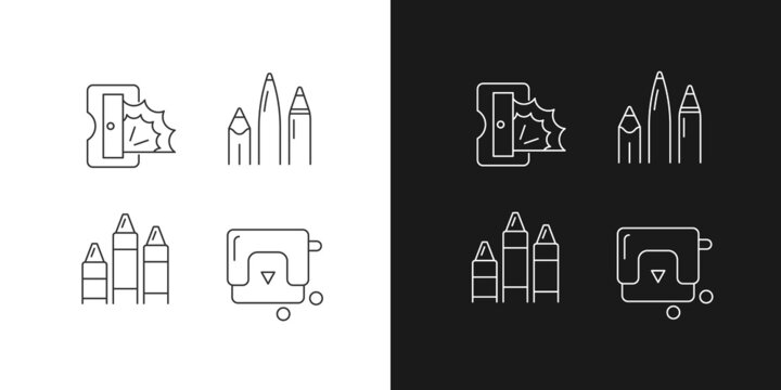 Painter essentials linear icons set for dark and light mode. Pens and pencils. Prism sharpener. Colored crayons. Customizable thin line symbols. Isolated vector outline illustrations. Editable stroke