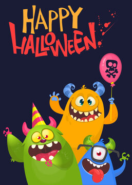 Сartoon monsters characters. Illustration of happy scary smiling alien creatures for Halloween party. Package, poster or greeting invitation design. Vector