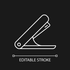 Stapler white linear icon for dark theme. Mechanical tool for joining document pages together. Thin line customizable illustration. Isolated vector contour symbol for night mode. Editable stroke