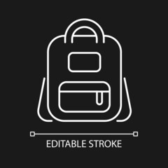 Schoolbag white linear icon for dark theme. Bag for carrying books and stationery items. Thin line customizable illustration. Isolated vector contour symbol for night mode. Editable stroke