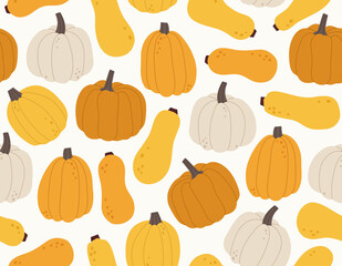 Seamless pattern of different hand-drawn pumpkins. Concept of fall, autumn, nature, harvest time, Thanksgiving, Halloween. Colored vector illustration, isolated on beige.