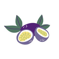 Ripe passion fruit. Cartoon illustration of an exotic fruit on a white isolated background. Hand-drawn organic food. Tropical treats. The concept of healthy eating.