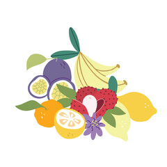 Various exotic fruits. Tropical organic products. Fructorianism. Cartoon style. Vector colorful illustration on a white isolated background. Juicy passion fruit, ripe bananas and lychees.