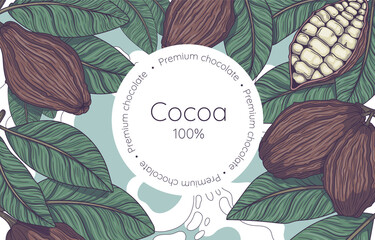 Graphic, vector, bright element made of fruits and leaves of the cocoa tree. A tropical plant, a natural component for chocolate. Vintage-style illustrations for decor, menus, banners, labels