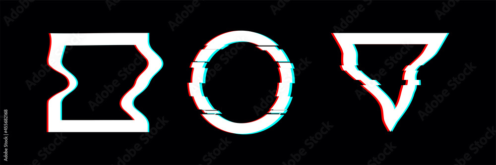 Poster geometric shapes with glitch effect. circle, square, triangle in distorted glitch style. abstract di