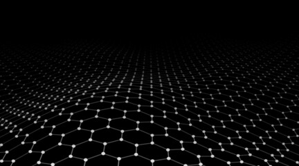 Futuristic vector hexagon wave. Dark cyberspace. Abstract wave with dots and line. White moving particles on background.