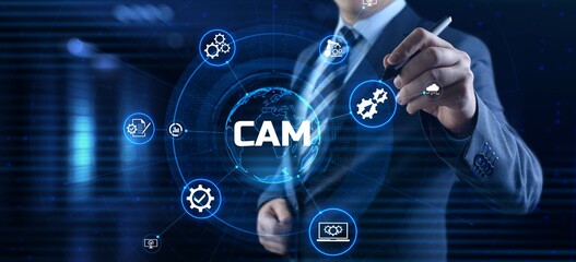 CAM Computer-aided manufacturing software system. Businessman pressing button on screen.