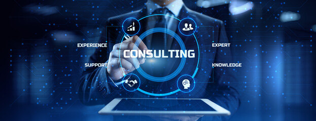Consulting service business concept. Businessman pressing button on screen.