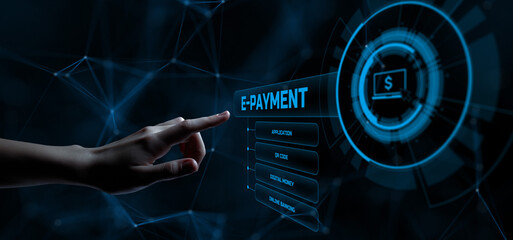 E-payment. Digital money online banking financial technology concept. Hand pressing button.