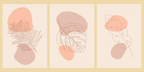 Botanical wall art set. Print boho minimalist with abstract shape. Abstract home decor, floral print bohemian art work, vector