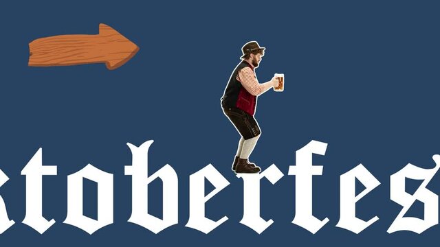 Stop motion design or art animation. Oktoberfest young man in hat, wearing a traditional Bavarian clothes running with mug of beer, 4k video animated. Modern, conceptual, contemporary art collage.