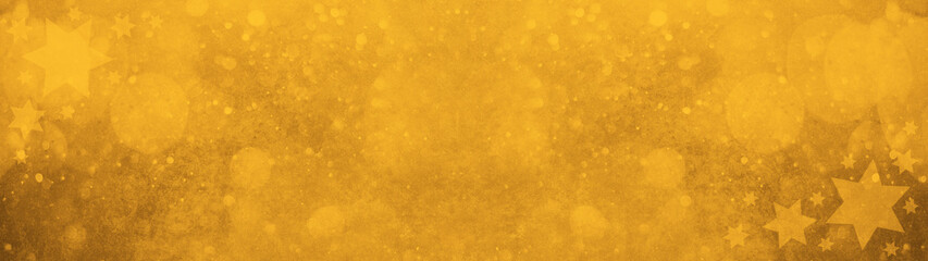 Abstract dark festive yellow golden watercolor painted paper texture with stars and bokeh lights, greeting card template - Christmas or other celebration background banner panorama