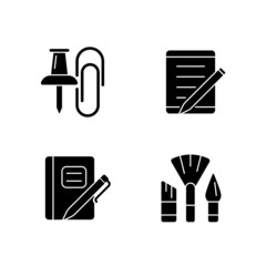 School stationery black glyph icons set on white space. Pins and paper clips. Tablet computer. Graph composition book. Pens and pencils. Silhouette symbols. Vector isolated illustration
