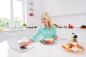 Photo of charming blonde lady sit table have lunch browse netbook wear green shirt kitchen room indoors