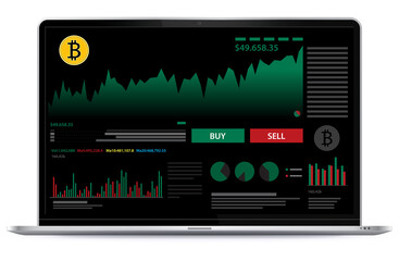 Laptop Computer With Crypto Currency Trading and Finance Screen. UI design template for dark theme background.