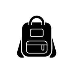 Schoolbag black glyph icon. Bag for carrying books and stationery items. Backpack for school. Storing essential stationery supplies. Silhouette symbol on white space. Vector isolated illustration