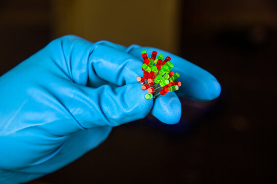 Hand in blue glove holds bouget of diodes