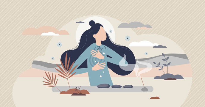 Self Reiki As Alternative Medicine With Energy Healing Tiny Person Concept. Relaxation And Recovery For Yourself After Trauma, Disease Or Illness To Get Back Peace And Harmony Vector Illustration.