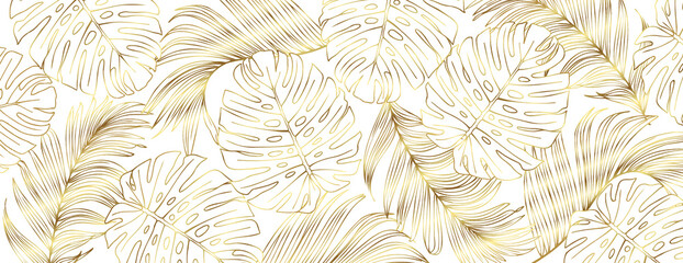 Luxury seamless gold nature background vector. Floral pattern, Golden split-leaf with monstera plant line arts, Vector illustration. © andrei