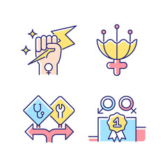 Women empowerment RGB color icons set. Female authority. Femininity attribute. Career option for girls. Enjoy equal rewards. Isolated vector illustrations. Simple filled line drawings collection
