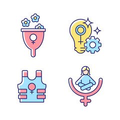 Modern feminism RGB color icons set. Support women wellbeing. Fulfill female potential. Promoting safety. Women empowerment. Isolated vector illustrations. Simple filled line drawings collection