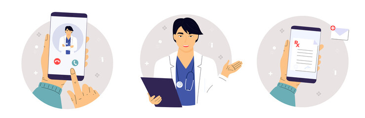 The patient makes a video call to the Asian doctor on the smartphone. Medical worker with a stethoscope holds clipboard. Remote appointment. Telemedicine concept. Prescription online.