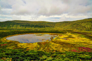 Panoramic view to Caldeira Branca lake at Flores island, Azores. Portugal