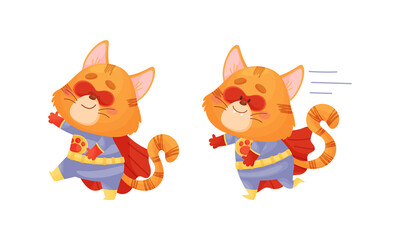 Ginger Whiskered Cat in Red Superhero Cloak Running and Walking Vector Set
