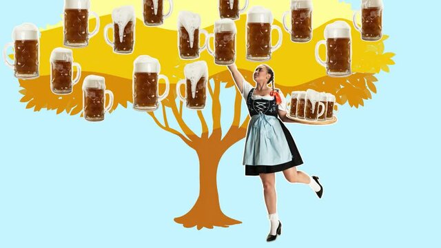 Stop motion design or art animation. The young happy sexy woman wearing a Bavarian dirndl with lot of beer mugs over color traditional background. The celebration, oktoberfest, festival, party concept