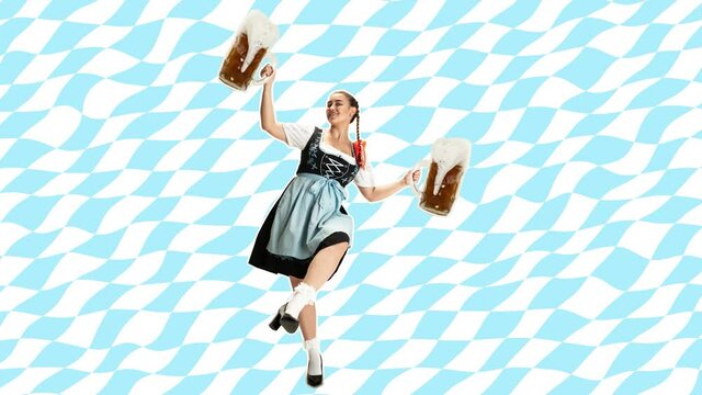 Stop motion design or art animation. The young happy sexy woman wearing a Bavarian dirndl with lot of beer mugs over color traditional background. The celebration, oktoberfest, festival, party concept