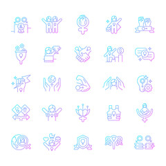 Feminism symbols gradient linear vector icons set. Supporting equal rights for women. Pride in sisterhood. Girl power. Thin line contour symbols bundle. Isolated outline illustrations collection