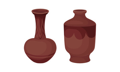 Clay Kitchenware and Ceramic Vessel with Tall Vase with Narrow Neck Vector Set