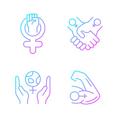 Girl power gradient linear vector icons set. Leadership in movement. Equitable relationships. Feminism support. Thin line contour symbols bundle. Isolated outline illustrations collection