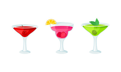Bright Exotic Cocktail in Glass as Tropical Refreshing Drink Vector Set