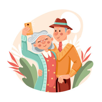 An elderly couple smiles and takes a selfie. Happy International Day of the Elderly. Flat vector design.