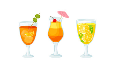 Bright Exotic Cocktail in Glass as Tropical Refreshing Drink Vector Set