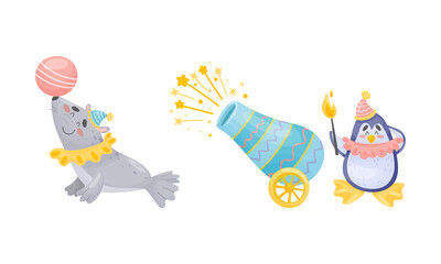 Obraz premium Circus Fur Seal and Penguin Animal with Ball and Cannon Performing Trick Vector Set