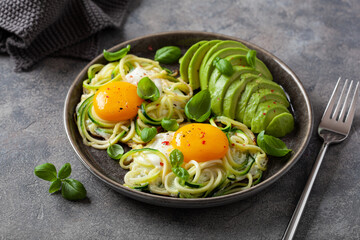 keto low carb breakfast baked spiralized zucchini with eggs and avocado