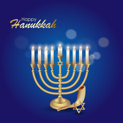 Happy Hanukkah with symbols and golden style on colored background for Hanukkah day and Jewish holiday Hanukkah. Chanukah candlestick and star of David.