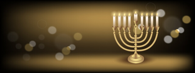 Happy Hanukkah with symbols and golden style on colored background for Hanukkah day and Jewish holiday Hanukkah. Chanukah candlestick and star of David. - obrazy, fototapety, plakaty