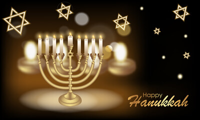 Fototapeta na wymiar Happy Hanukkah with symbols and golden style on colored background for Hanukkah day and Jewish holiday Hanukkah. Chanukah candlestick and star of David.