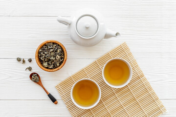Obraz na płótnie Canvas Ceramic white teapot and black tea in two cups, top view