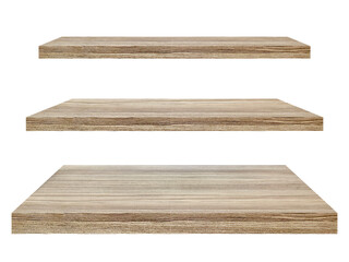 Collection of brown wooden shelves on a white background separates the objects with clipping path for the designs and decoration