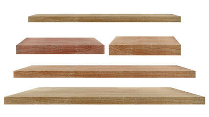 Collection of brown wooden shelves on a white background separates the objects with clipping path...