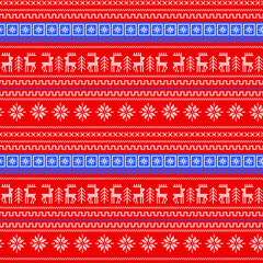 Seamless pattern New Year's cross-stitch on a sweater. Christmas tree and deer. Knitting and embroidery according to the scheme. Cross-stitch.и