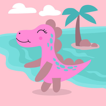 cute pink dinosaur vector with sea water and coconut trees on a pink background.