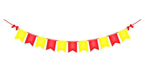 Obraz premium Colorful red and yellow festoon banner with bows, vector illustration. Hanging color flag garland isolated on white background. Bright party bunting for birthday design. Easy to recolor