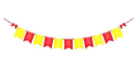 Colorful red and yellow festoon banner with bows, vector illustration. Hanging color flag garland isolated on white background. Bright party bunting for birthday design. Easy to recolor