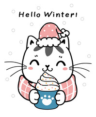 cute winter cat in pink scraf with cup of whip cream coffee, cartoon animal flat vector hand drawn
